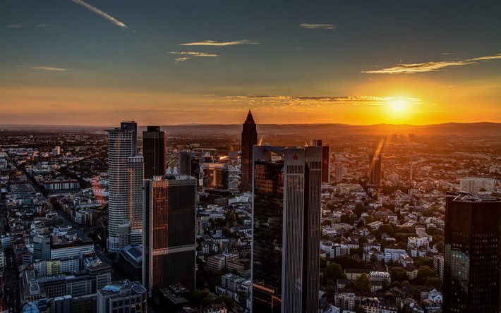 Frankfurt am Main, 4k, sunset, skyline cityscapes, modern buildings, german cities, Europe, summer, Germany, Cities of Germany, Frankfurt am Main Germany, cityscapes