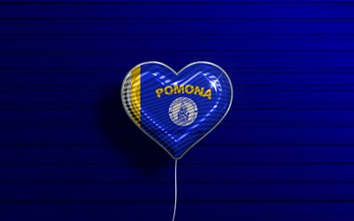 Amo Pomona, California, 4K, palloncini realistici, fondo di legno blu, citt&#224; americane, bandiera di Pomona, palloncino con bandiera, bandiera Pomona, Pomona, citt&#224; degli Stati Uniti