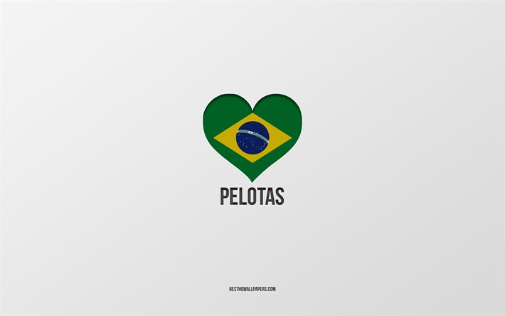 私はペロタスが大好きです, ブラジルの都市, 灰色の背景, ペロタス, ブラジル, ブラジルの国旗のハート, 好きな都市, ペロタスが大好き