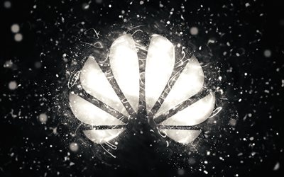 Logotipo branco da Huawei, 4k, luzes de n&#233;on brancas, criativo, fundo abstrato preto, logotipo da Huawei, marcas, Huawei