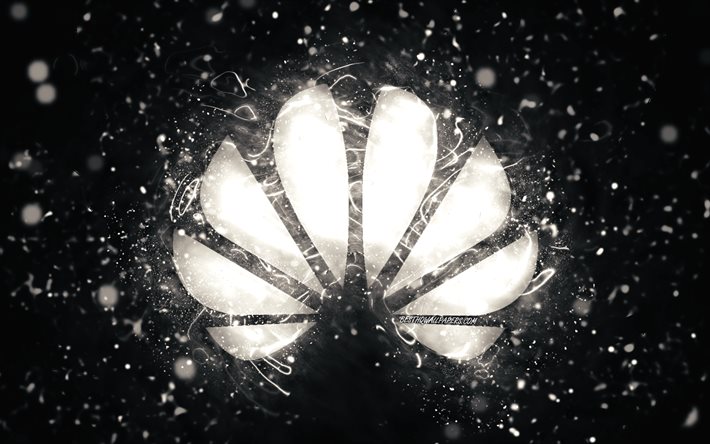 Huawei white logo, 4k, white neon lights, creative, black abstract background, Huawei logo, brands, Huawei