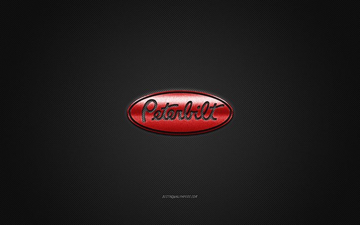 Logo Peterbilt, logo rosso, sfondo grigio in fibra di carbonio, emblema in metallo Peterbilt, Peterbilt, marchi di automobili, arte creativa