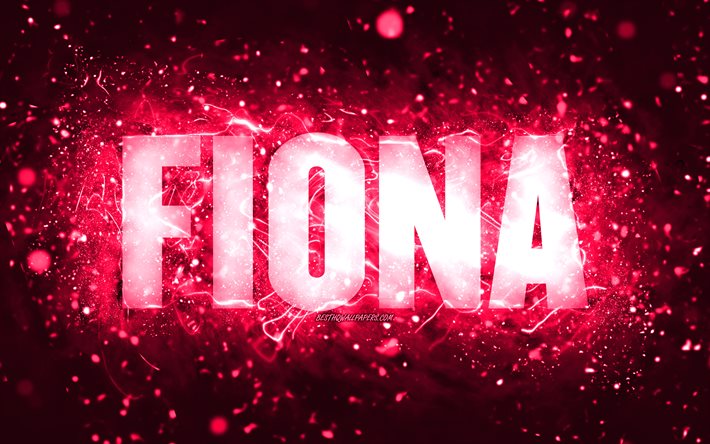 お誕生日おめでとうフィオナ, 4k, ピンクのネオンライト, フィオナの名前, creative クリエイティブ, フィオナお誕生日おめでとう, フィオナの誕生日, 人気のアメリカ人女性の名前, フィオナの名前の写真, フィオナ