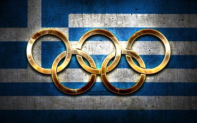 griechische olympiamannschaft, goldene olympische ringe, griechenland bei den olympischen spielen, kreativ, griechische flagge, metallhintergrund, griechenlandolympische mannschaft, flagge von griechenland