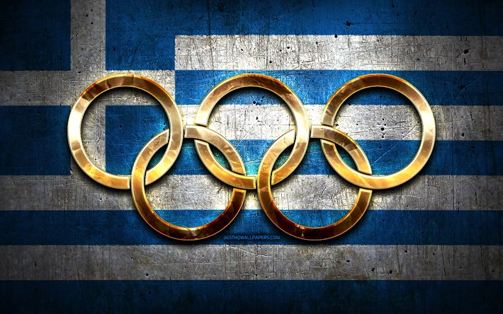 Squadra olimpica greca, anelli olimpici d&#39;oro, Grecia alle Olimpiadi, creativo, bandiera greca, sfondo di metallo, bandiera della Grecia