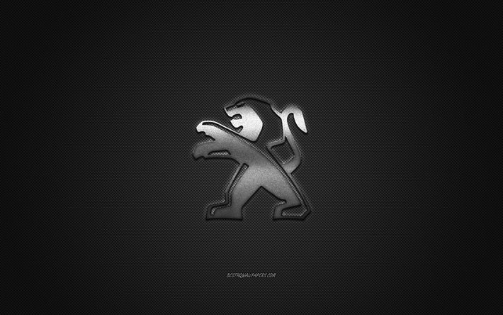 Peugeot logo, silver logo, gray carbon fiber background, Peugeot metal emblem, Peugeot, cars brands, creative art