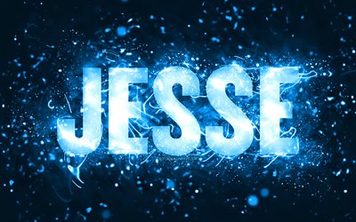 Feliz anivers&#225;rio Jesse, 4k, luzes de n&#233;on azuis, nome de Jesse, criativo, Jesse feliz anivers&#225;rio, anivers&#225;rio de Jesse, nomes masculinos americanos populares, foto com o nome de Jesse, Jesse