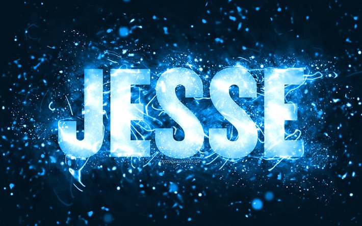 Buon compleanno Jesse, 4k, luci al neon blu, nome Jesse, creativo, buon compleanno Jesse, compleanno Jesse, famosi nomi maschili americani, foto con nome Jesse, Jesse