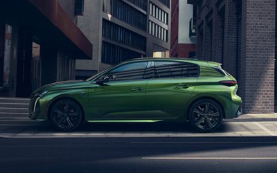 Peugeot 308, 2021, side view, exterior, green hatchback, new green 308, French cars, Peugeot