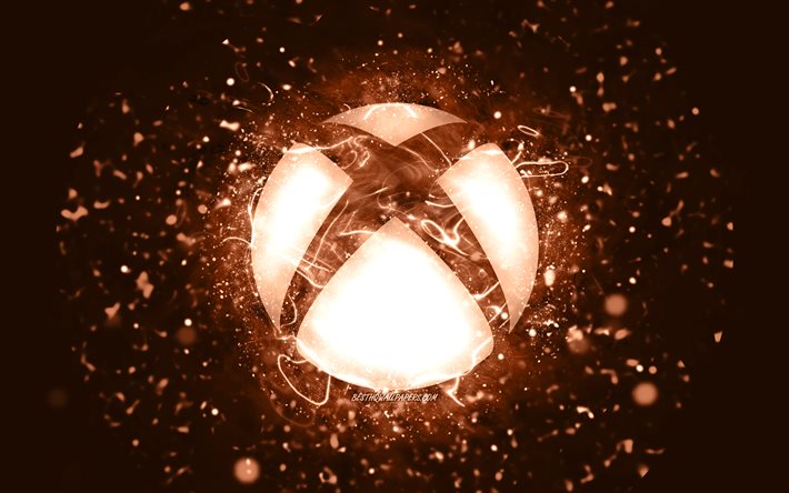 Logo Xbox marrone, 4k, luci al neon marroni, creativo, sfondo astratto marrone, logo Xbox, sistema operativo, Xbox
