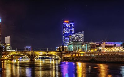 Philadelphie, nuit, pont, gratte-ciel, paysage urbain de Philadelphie, Pennsylvanie, USA