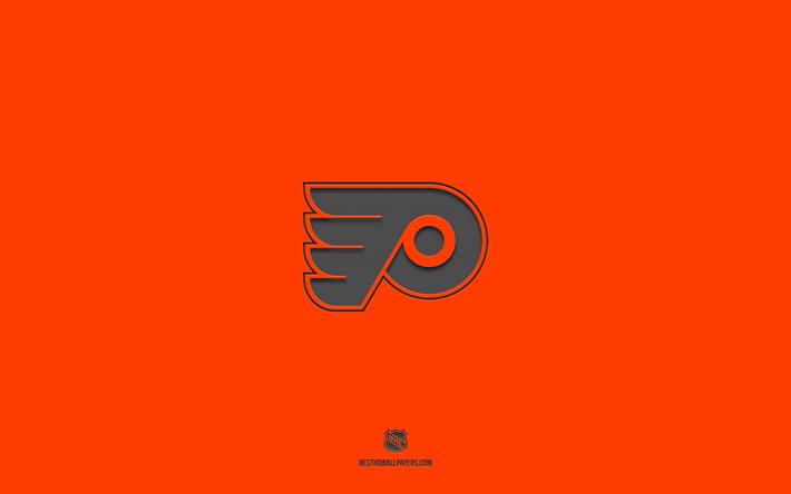 philadelphia flyers, orange hintergrund, amerikanische eishockeymannschaft, philadelphia flyers emblem, nhl, usa, hockey, philadelphia flyers logo