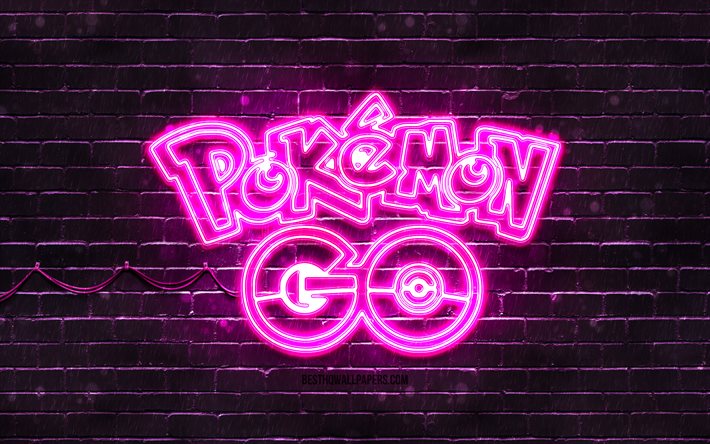 Pokemon Go purple emblem, 4k, purple brickwall, Pokemon Go emblem, games brands, Pokemon Go neon emblem, Pokemon Go