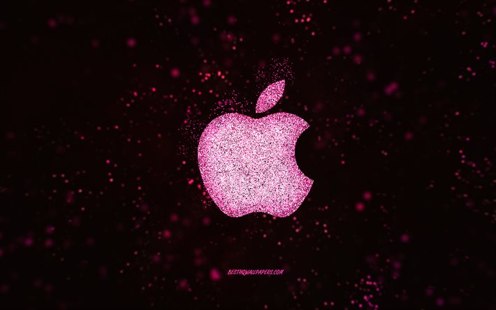 Logo de paillettes Apple, fond noir, logo Apple, art de paillettes violettes, Apple, art cr&#233;atif, logo paillettes violet Apple