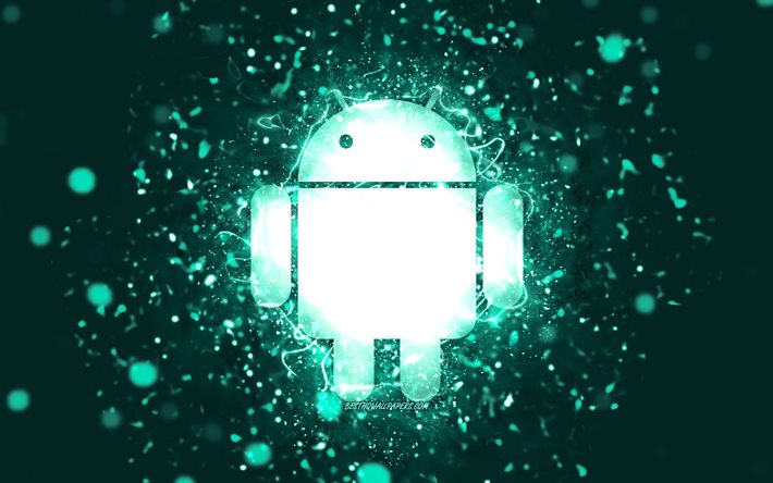 Android turkuaz logosu, 4k, turkuaz neon ışıklar, yaratıcı, turkuaz arka plan, Android logosu, işletim sistemi, Android