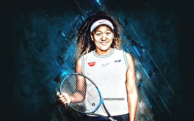 Naomi Osaka, WTA, japansk tennisspelare, bl&#229; stenbakgrund, Naomi Osaka konst, tennis