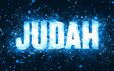 Joyeux anniversaire Judah, 4k, n&#233;ons bleus, nom de Judah, cr&#233;atif, Judah joyeux anniversaire, anniversaire de Judah, noms masculins am&#233;ricains populaires, photo avec le nom de Judah, Judah