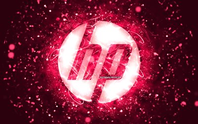 HP: n vaaleanpunainen logo, 4k, vaaleanpunaiset neonvalot, luova, Hewlett-Packard-logo, vaaleanpunainen abstrakti tausta, HP-logo, Hewlett-Packard, HP