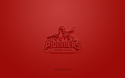 Pionniers Chamonix Mont-Blanc, creative 3D logo, red background, 3d emblem, French ice hockey team, Ligue Magnus, Chamonix, France, 3d art, hockey, Pionniers Chamonix Mont-Blanc 3d logo