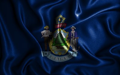 Maine flagga, 4k, v&#229;giga sidenflaggor, amerikanska stater, USA, tygflaggor, 3D-konst, Maine, Amerikas f&#246;renta stater, Maine 3D-flagga