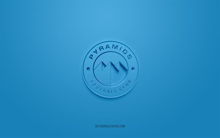 Pyramids FC, creative 3D logo, blue background, 3d emblem, Egyptian football club, Egyptian Premier League, Cairo, Egypt, 3d art, football, Pyramids FC 3d logo