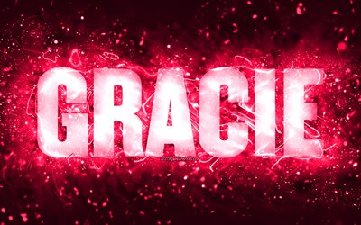Happy Birthday Gracie, 4k, pink neon lights, Gracie name, creative, Gracie Happy Birthday, Gracie Birthday, popular american female names, picture with Gracie name, Gracie