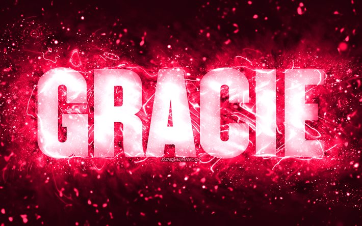 Buon compleanno Gracie, 4k, luci al neon rosa, nome Gracie, creativo, buon compleanno Gracie, compleanno Gracie, nomi femminili americani popolari, foto con nome Gracie, Gracie