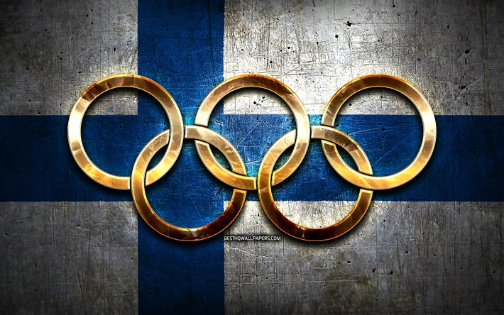 finnische olympiamannschaft, goldene olympische ringe, finnland bei den olympischen spielen, kreativ, finnische flagge, metallhintergrund, flagge von finnland