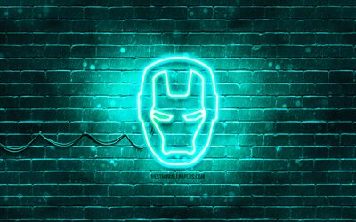 Iron Man logo turquoise, 4k, brickwall turquoise, logo IronMan, Iron Man, super-h&#233;ros, logo n&#233;on IronMan, logo Iron Man, IronMan