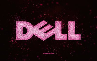 Logotipo com glitter da Dell, fundo preto, logotipo da Dell, arte com glitter rosa, Dell, arte criativa, logotipo com glitter rosa da Dell