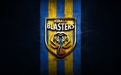 Kerala Blasters FC, logotipo dourado, ISL, fundo de metal azul, futebol, clube de futebol indiano, logotipo do Kerala Blasters, &#205;ndia, Kerala Blasters