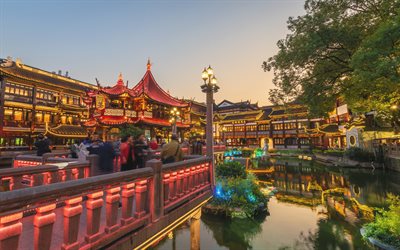 Huxinting Chashi, Shanghai, sera, tramonto, Cina, Giardino Yu, casa da t&#232;, architettura cinese