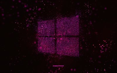 Windows glitterlogotyp, svart bakgrund, Windows-logotyp, lila glitterkonst, Windows, kreativ konst, Windows lila glitterlogotyp, Windows 10-logotyp