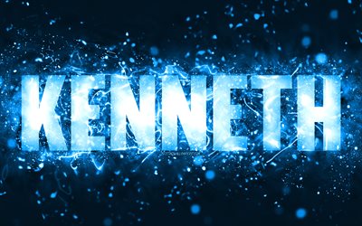 Happy Birthday Kenneth, 4k, blue neon lights, Kenneth name, creative, Kenneth Happy Birthday, Kenneth Birthday, popular american male names, picture with Kenneth name, Kenneth