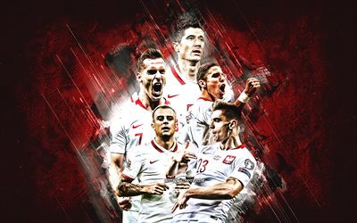 L&#39;&#233;quipe nationale de football de Pologne, fond de pierre rouge, Pologne, football, Robert Lewandowski, Arkadiusz Milik, Krzysztof Piatek