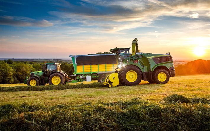 John Deere 9700i, John Deere 6250R, cueillette de l'herbe, tracteurs 2021, HDR, machines agricoles, récolte, tracteur vert, agriculture, John Deere