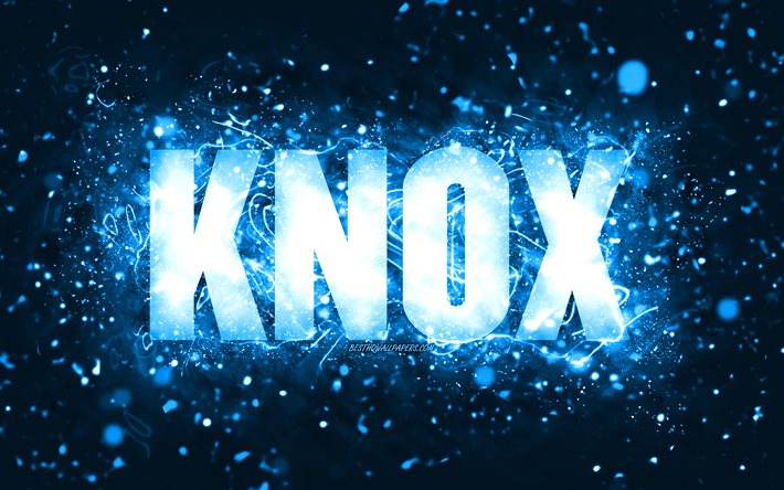 Buon compleanno Knox, 4k, luci al neon blu, nome Knox, creativit&#224;, buon compleanno Knox, compleanno Knox, nomi maschili americani popolari, foto con nome Knox, Knox