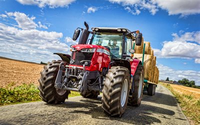 Massey Ferguson 7715 S, transport de balles, HDR, tracteurs 2021, machines agricoles, r&#233;colte, tracteur rouge, agriculture, Massey Ferguson