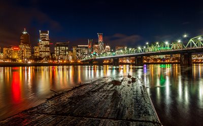 Portland, noite, luzes da cidade, arranha-c&#233;us, ponte, Oregon, EUA, paisagem urbana de Portland, horizonte de Portland