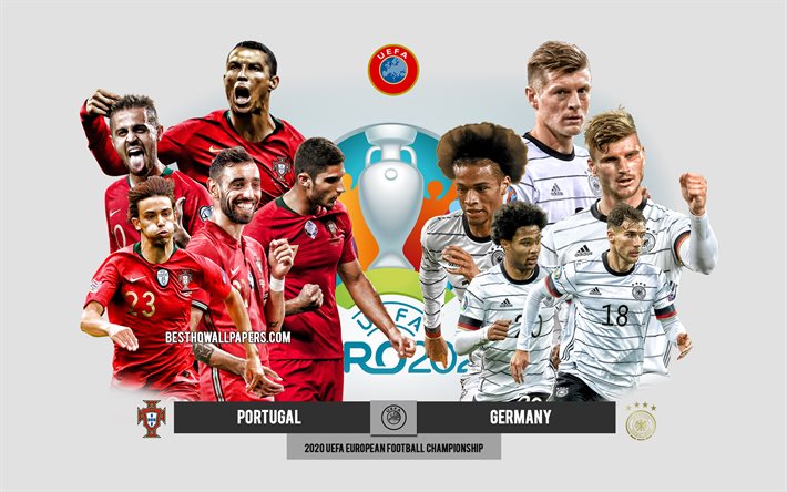 Portugali vs Saksa, UEFA Euro 2020, Esikatselu, mainosmateriaalit, jalkapalloilijat, Euro 2020, jalkapallo-ottelu, Portugalin jalkapallomaajoukkue, Saksan jalkapallomaajoukkue
