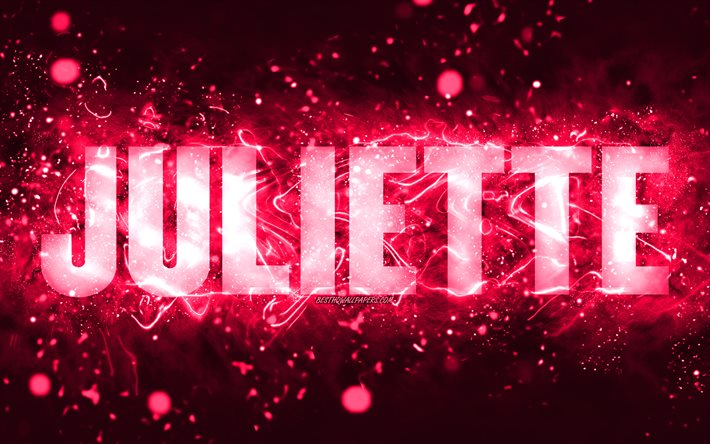 Buon compleanno Juliette, 4k, luci al neon rosa, nome Juliette, creativo, buon compleanno Juliette, compleanno Juliette, nomi femminili americani popolari, foto con il nome di Juliette, Juliette