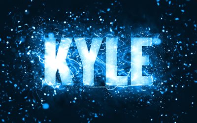 Feliz anivers&#225;rio, Kyle, 4k, luzes de n&#233;on azuis, nome de Kyle, criativo, feliz anivers&#225;rio, anivers&#225;rio de Kyle, nomes masculinos americanos populares, foto com o nome de Kyle