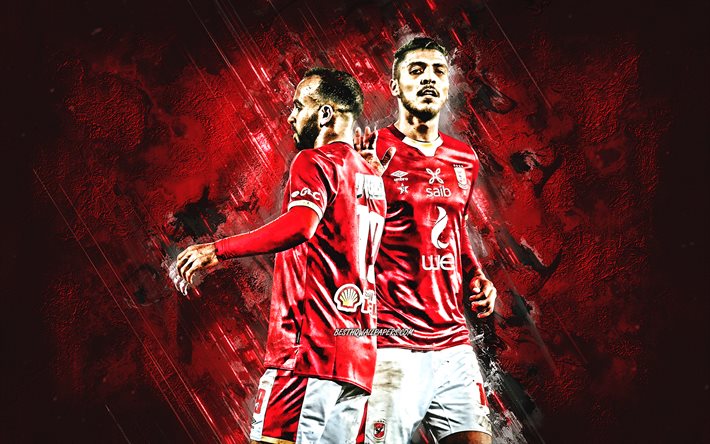 Al Ahly SC, Mohamed Magdy Afsha, Mohamed Sherif, Mısırlı futbolcular, Al Ahly, kırmızı taş arka plan, futbol, Mısır