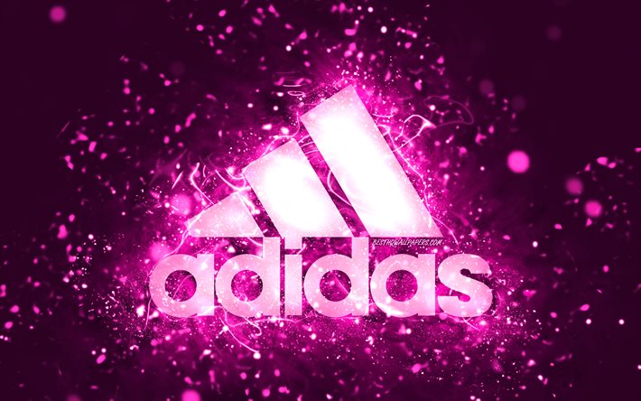 Adidas mor logo, 4k, mor neon ışıkları, yaratıcı, mor arka plan, Adidas logosu, markalar, Adidas