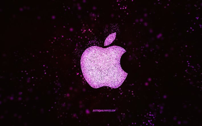 Apple glitter-logo, musta tausta, Apple-logo, vaaleanpunainen kimallustaide, Apple, luovaa taidetta, Apple pinkki kimallus-logo