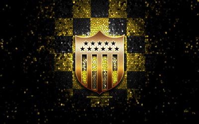 PenarolFC, logotipo com glitter, Primera Division do Uruguai, fundo amarelo preto quadriculado, futebol, clube de futebol uruguaio, logotipo do Penarol, arte em mosaico, Club Atletico Penarol, CA Penarol