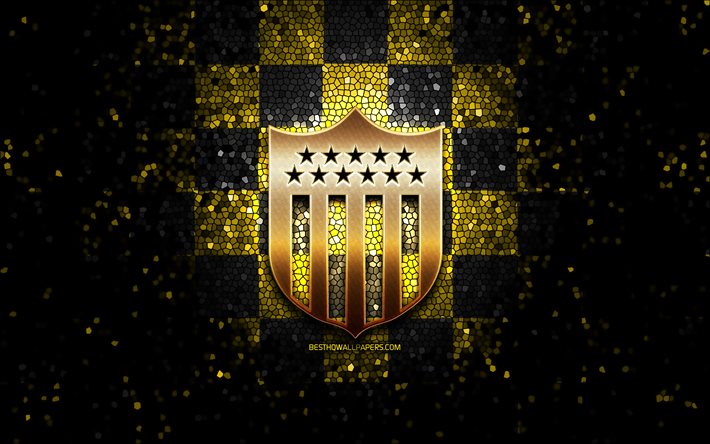 PenarolFC, glitter logo, Uruguayan Primera Division, yellow black checkered background, soccer, uruguayan football club, Penarol logo, mosaic art, football, Club Atletico Penarol, CA Penarol