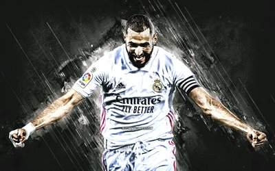 Karim Benzema, Real Madrid, Fransız futbolcu, portre, gri taş zemin, futbol, La Liga