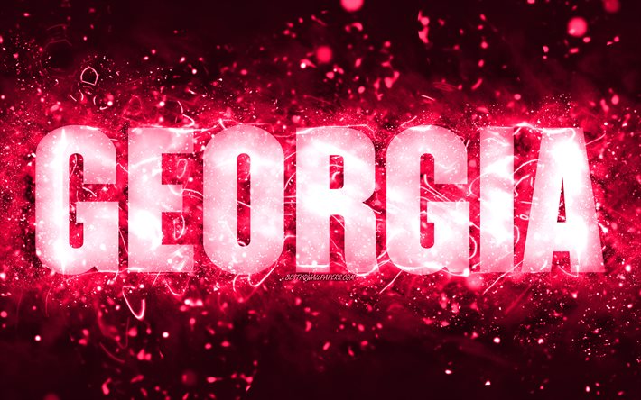 alles gute zum geburtstag georgia, 4k, rosa neonlichter, georgia-name, kreativ, georgia alles gute zum geburtstag, georgia-geburtstag, beliebte amerikanische frauennamen, bild mit georgia-namen, georgia