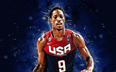 DeMar DeRozan, 4k, ABD Basketbol Erkek Milli Takımı, mavi neon ışıkları, DeMar Darnell DeRozan, basketbol, ABD erkek milli basketbol takımı, yaratıcı, DeMar DeRozan 4K